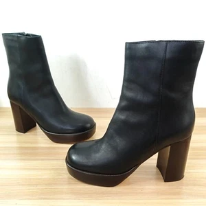 Chunky Platform Stack Heel Boots 5.5 J CREW Black Leather Biker Moto Mid Block - Picture 1 of 18