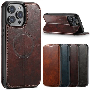 Leather Wallet Case for iPhone 16 14 16 ProMax Magnetic Mag Safe Card Slot Stand - Picture 1 of 39