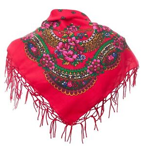 Beautiful shawl scarf 14 col flower patterns fringes POLISH folk cotton vintage