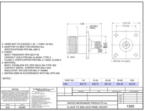 N Female to SMA Female 4 hole Chassis Mount Coaxial Adapter United Microwave - Picture 1 of 3