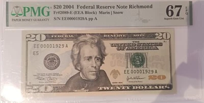 Ex. Rare 2004 $20 F. R. S. #00001929 NOTE Richm. FR#2089-E PMG SUPERB GEM 67 EPQ - Image 1 of 3