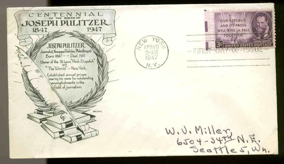 946 PULITZER FDC NEW YORK, NY ARISTOCRAT DAY LOWRY CACHET - Image 1 of 1