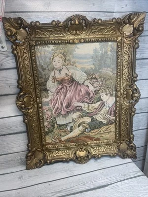 Tapiz de pared vintage grande enmarcado Regencia terraza Italia niño y niña 18x22 Foto 1 de 4