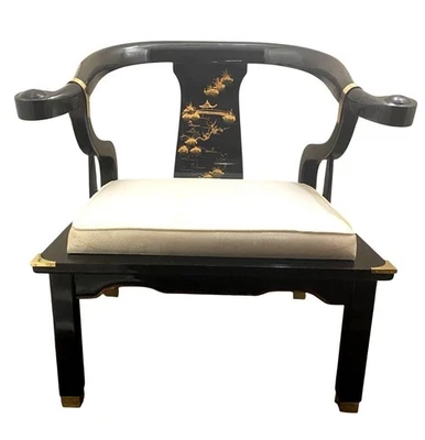 Silla de Colección James Mont Ming Estilo Laca Negra Herradura Estilo Asiático con Cojín Foto 1 de 4