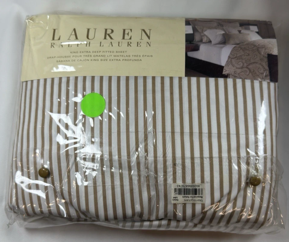 Винтажная простыня на резинке Ralph Lauren Desert Spa Bengal Stripe King очень глубокая резинка - Изображение 1 из 4