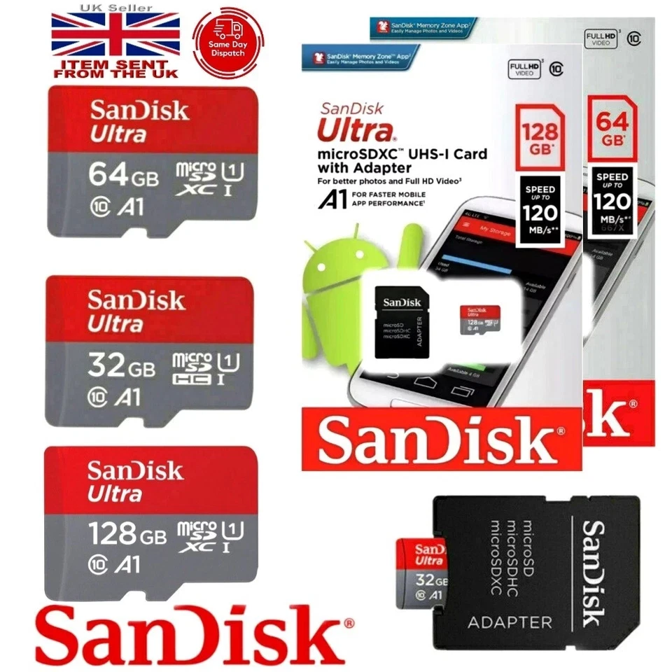 SanDisk UltraMicro SD 32GB 64GB 128GB Class 10 SDHCSDXC Memory Card with adaptor - Image 1 of 3