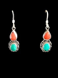 Beautiful Southwestern 925 Sterling Silver Turquoise Coral Dangle Earrings NEW - Picture 1 of 5