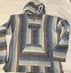 Baja Joe Pullover Hoodie Hippie Surf Poncho Black white Blue Stripe Unisex Small - Picture 1 of 13