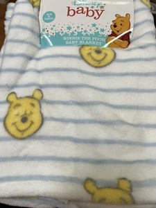 BABY BLANKET DISNEY WINNIE POOH HEAD LOGOS NEW FLEECE BLUE WHITE STRIPES SOFT - Picture 1 of 3