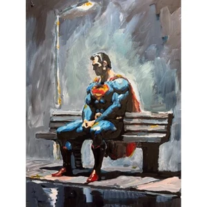Original Impasto Superman on Bench Textured Painting Art on Paper 12x16" - Picture 1 of 2