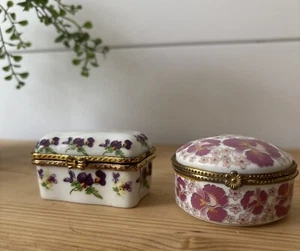 Antique Pair Hinged Trinket Box Pill Box Floral Imperial Porcelain Vanity Jewel - Picture 1 of 14