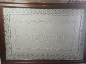 Vintage Framed Crocheted Doily welcome sign farmhouse Victorian home 19x13" - Picture 1 of 10