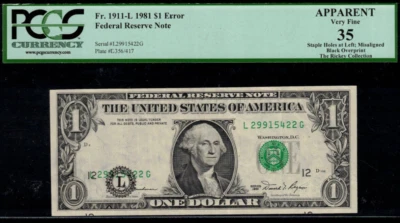 1981 $1 Federal Reserve Note PCGS 35 error note misaligned black overprint - Image 1 of 2