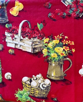 Vtg Broadcloth Cotton Fabric W41xL1.6Yds Kitchen Theme Red Green White RARE NICE - Image 1 of 4