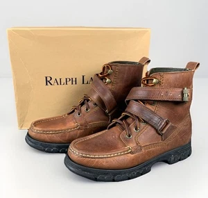 Ralph Lauren Ankle Boots Buckle Strap Pecan Leather Combat Hiking Country Size 9 - Picture 1 of 17