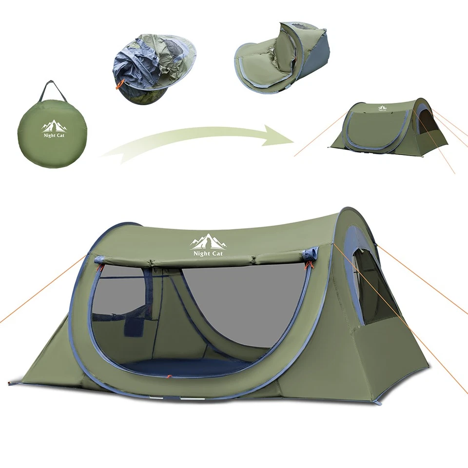 NIGHT CAT 2 Person Zelt Campingzelt Pop-up Automatik Sekundenzelt Wurfzelt mit Moskitonetz