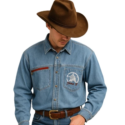 Camisa vaquera Bugle Boy para hombre L Denim logotipo águila occidental Y2K vintage roja bolsillo con cremallera Foto 1 de 4