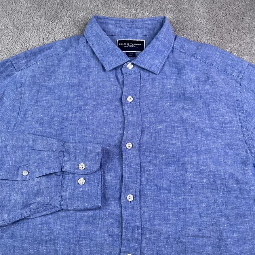 Camisa Charles Tyrwhitt Para Hombre Grande Azul Lino Cambray Calce Ajustado Mangas Largas Foto 1 de 4