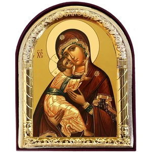 Virgen de Vladimir Ortodoxo Católico Arco Icono Lámina de Oro 4 1/16" De Pie y Agujero - Imagen 1 de 2