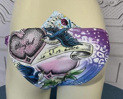 Sinful by Affliction 热带金字塔比基尼底部心形和蓝色鸟 XS 全新带标签 — 第 1/4 张图片