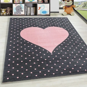 Kurzflor Kinderteppich Herz Design Soft Wohnteppich Kinderzimmer Farbe Grau Pink - Bild 1 von 7