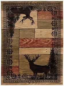 Woodgrain Area Rug Lodge Cabin Deer Buck Doe Antlers Beige *FREE SHIPPING* - Picture 1 of 5