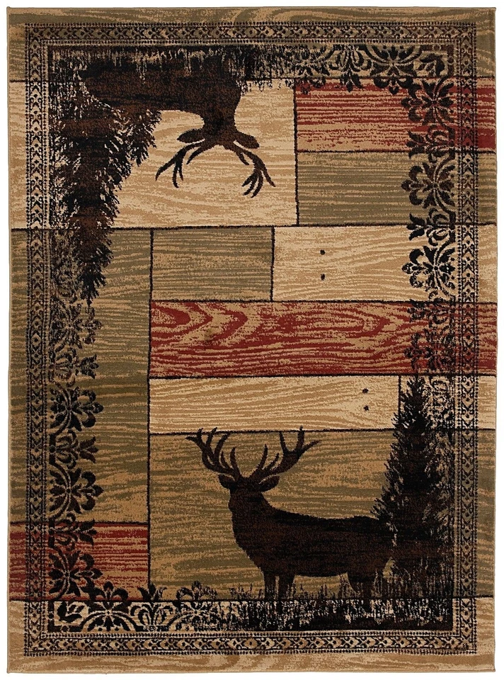 AMERICAN DESTINATION Woodgrain Area Rug Lodge Cabin Deer Buck Doe Antlers Beige *FREE SHIPPING*