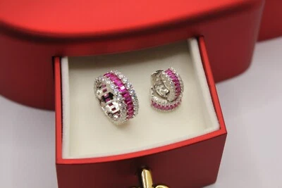 ORECCHINI ANELLO FASCIA ARGENTO ZIRCONI RUBINO E BIANCHI  BAGUETTE MIS 16 EXP - Immagine 1 di 4