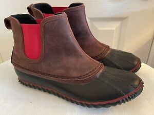 Sorel Women’s Out N About Leather Pull On Flat Chesea Duck Boots Brown/Red Sz 10