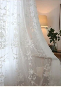 Gardinen Paar Vorhang Tüll bestickt 150 x 250 cm WEIß mit Kräuselband Shabby - Bild 1 von 5