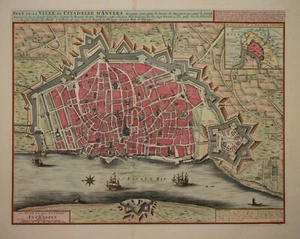 BELGIUM - ANTWERP - PLAN DE LA VILLE ET CITADELLE D'ANVERS BY ABRAHAM DEUR 1729. - Picture 1 of 1
