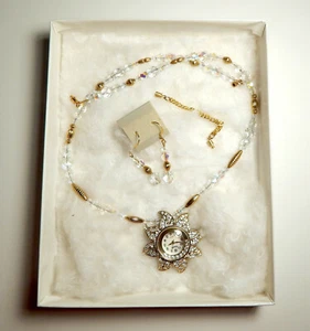 Xanadu Women's Gold-Tone Crystal Pendant Watch with Chain & Matching Earrings - Picture 1 of 9