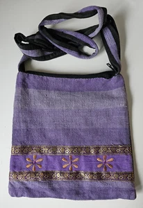 Stoff-Tasche Handtasche Schultertasche Nepal Bwolle lila gold 25x27 cm - Bild 1 von 3