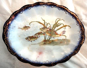 VINTAGE MINTON OVAL FISH PLATTER*10x13*Flow Blue/Gold Scalloped Edges*Very Good - Picture 1 of 5