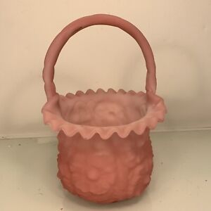 FENTON Pink Satin Basket Flower Basket With Handle 9.5”