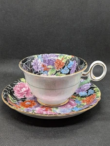 VINTAGE Shelley Chester Cloisonne Crackle Chintz Black Tea Cup and Saucer - Picture 1 of 10
