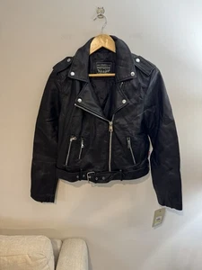Chaqueta de motocicleta Levi's para mujer de cuero sintético con cinturón de peso medio, negra, talla M, nueva con etiquetas - Imagen 1 de 8