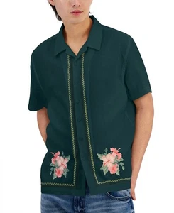 Guess Mens LINEN Regular fit Short Sleeve Button-Up Shirt XXL Green Floral - Picture 1 of 1