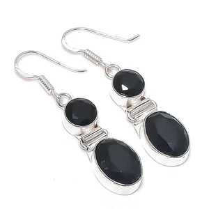 Black Spinel Gemstone Handmade 925 Sterling Silver Jewelry Earring Size 1.8" - Picture 1 of 1