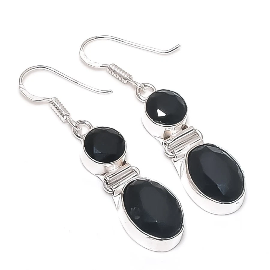 Black Spinel Gemstone Handmade 925 Sterling Silver Jewelry Earring Size 1.8" - Image 1 of 1