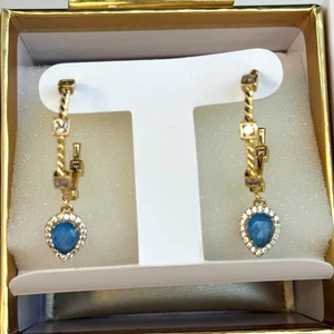 Bomb Party Earrings Resort Wear Sunny By The Sea Blue Lace Agate on Gold Plating - Picture 1 of 6