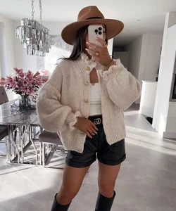 Strickjacke Rüschen Damen Beige - Bild 1 von 2