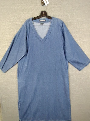 Винтажный J Peterman компании женщин платье XL синий джинсовой ткани кафтан макси карманы Cottagecore - Изображение 1 из 4