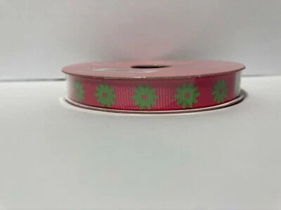Hot Pink Bright Green Floral Ribbed Ribbon 3/8" 9 Feet Simply Spring 3 Rolls  - Image 1 of 4