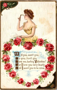 AK Valentinstag Dame mit Opernglas Herz Rosen geprägt verschickt1912 - Bild 1 von 2