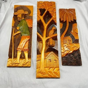 Vintage Amazonian Brazil Wood Carving Panels Tropical Scene Folk Art Set of 3 - Picture 1 of 17