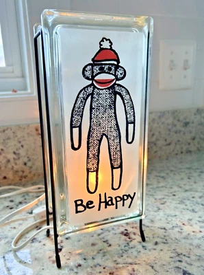 手工袜子猴子“Be Happy”玻璃灯-舒适的夜灯  — 第 1/3 张图片