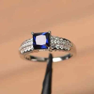 2Ct Princess Cut Simulated Sapphire Women Anniversary Ring 14K White Gold Plated - Picture 1 of 4