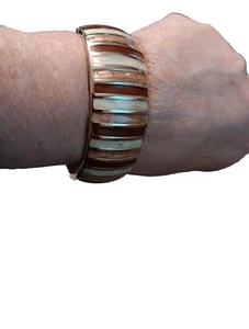 GoldTone Brown Tan Beige Bracelet Enamel Clamper Hinged Oval Bangle 2 5/8"L×1"H - Picture 1 of 11