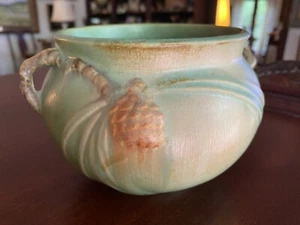 Art Deco 30’s Roseville Art Pottery Pinecone Jardiniere Vase 632-4 Green Branch - Bild 1 von 12